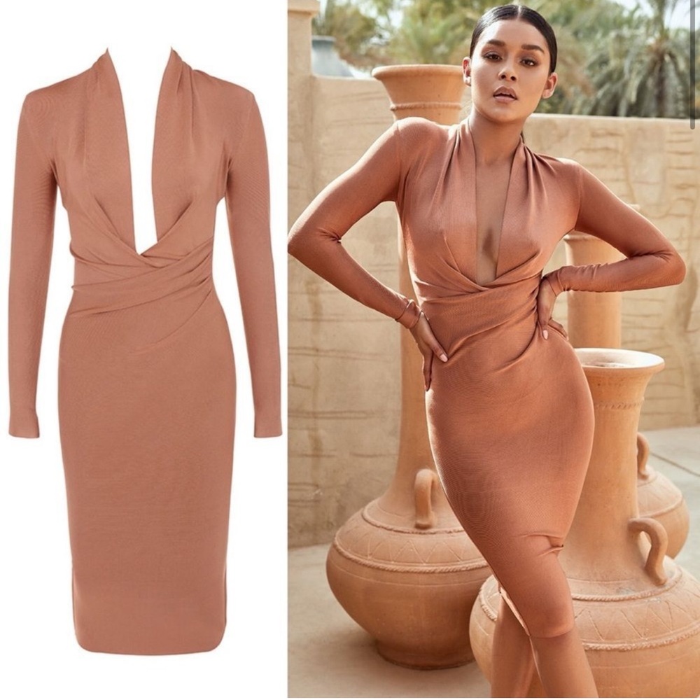 House of CB Francesca Bandage Tan Wrap Dress